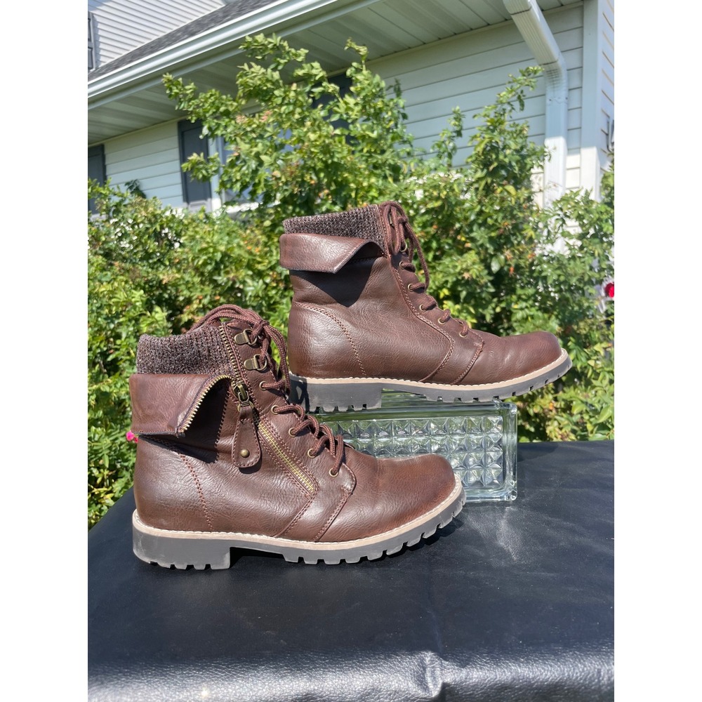 Cliffs Combat Boots Womens Brown Fold Over Knit Cuff Lace Up Zip 142490